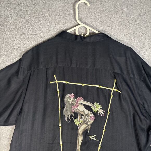 Club Tiki Button Down Shirt Men’s Size L Black Silk Hawaiian Pinup Embroidery - Picture 12 of 12